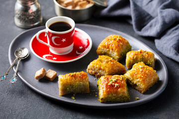 Turkish coffee with baklava sweets on a plate. Dark grey background. Close up.