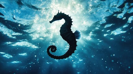 A silhouette of a seahorse gracefully floating upward through a sunlit patch of crystal-clear ocean water