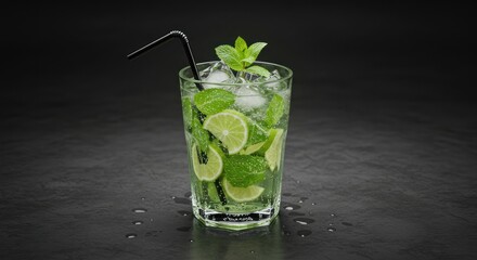 Glass of mojito with lime mint ice and straw on dark surface.