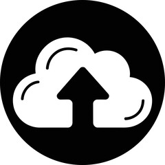 Cloud Upload Icon - White or Transparent on Black Circle, Data Transfer Symbol in Round Frame, Upload to Server Icon - Circular Design