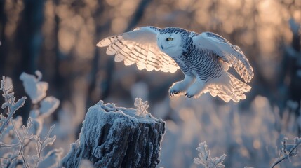 A silhouette of a snowy owl landing softly on a broken tree stump