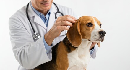 Veterinarian examines a beagle dog ear wearing a white coat and stethoscope.