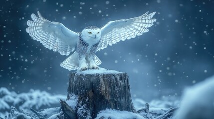 A silhouette of a snowy owl landing softly on a broken tree stump