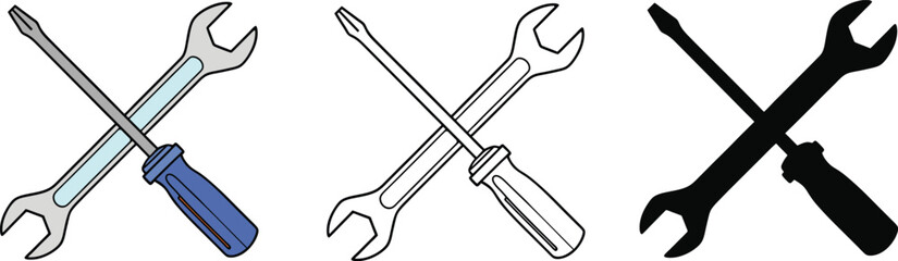 large adjustable wrench set. Collection of tools arranged for mechanical construction icon set. wrench, metal, steel, tool, mechanic, repair.