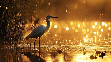 A silhouette of a snowy egret wading through tall reeds beside a sparkling river