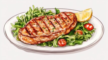 chicken steak with salad illustration