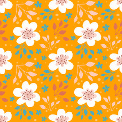 Colorful repeated pattern with white flowers and blue leaves on a orange background. Hand-drawn style.
