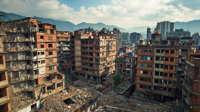 Aftermath of devastation in urban: Witness the harrowing impact of destruction on a city's landscape, with crumbled structures and resilient spirit against a backdrop of majestic mountains.