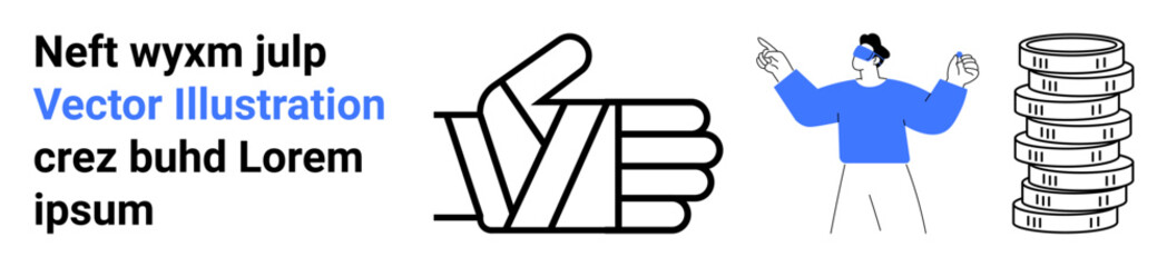 Thumbs-up hand gesture, person using virtual reality glasses, stack of coins symbolizing approval, technology, and financial success. Ideal for technology, business, teamwork, finance innovation