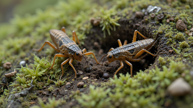 Two mole crickets are digging a moss-covered ground. This insect has the scientific name Gryllotalpa gryllotalpa.