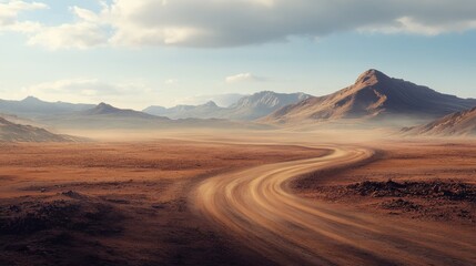 A dusty road winding through a vast, barren desert