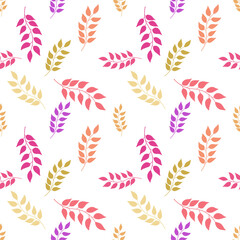 Repeated pattern with colorful leaves on a white background. Hand-drawn style.