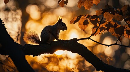 A silhouette of a squirrel perched delicately on a branch of an ancient oak