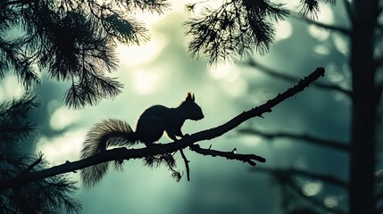 A silhouette of a squirrel darting across the branches of a tall pine tree