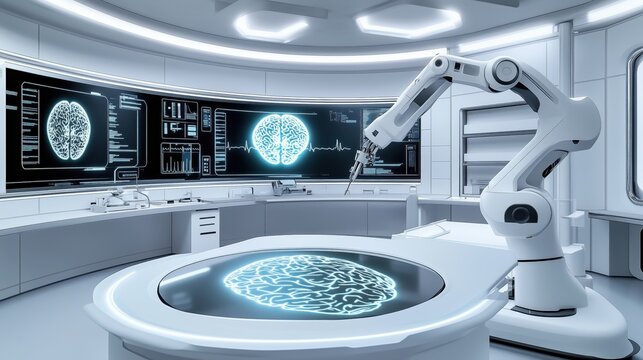 Futuristic medical lab with robotic arm and brain imagery