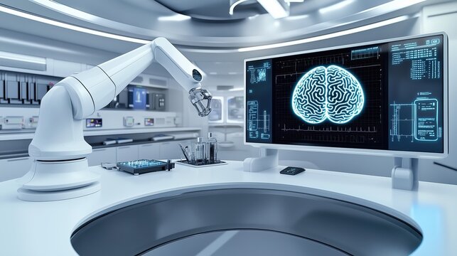Futuristic Laboratory with Robotic Arm and Brain Scan