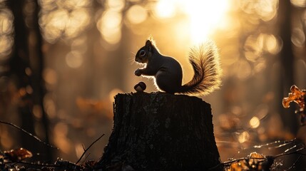 A silhouette of a squirrel nibbling on an acorn atop a tree stump in the forest