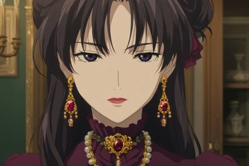 Intriguing female character portrait in elegant period attire.
