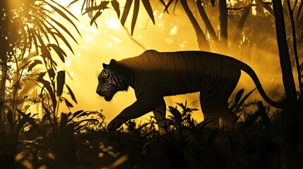 A silhouette of a tiger carefully moving through jungle undergrowth