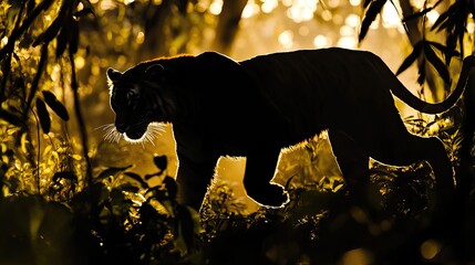 A silhouette of a tiger carefully moving through jungle undergrowth