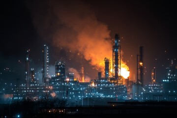 Bright flames and glowing lights fill the night sky as an industrial complex operates, surrounded by rising smoke and activity Generative AI