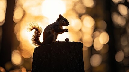 A silhouette of a squirrel nibbling on an acorn atop a tree stump in the forest
