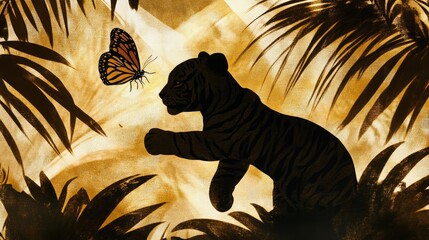 A silhouette of a tiger cub playfully pouncing on a butterfly in the jungle