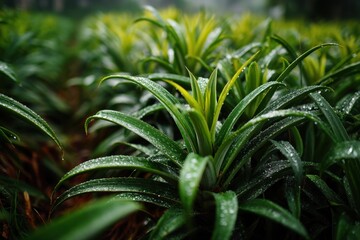 Obraz premium Pineapple Field Detail: Young Plants with Dew Drops Covering Foliage in Morning Light, Lush Green Tropical Environment