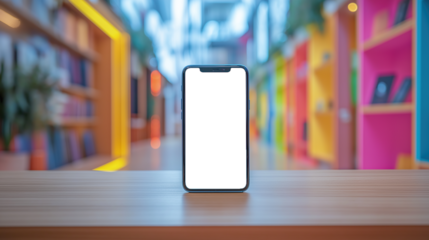 Modern Smartphone with Transparent Screen on Wooden Surface in Vibrant Retail Setting