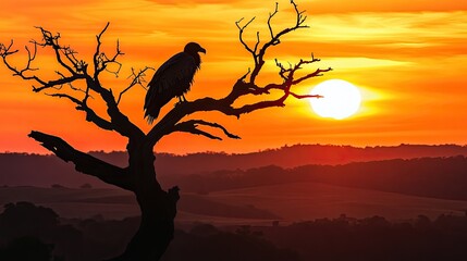 A silhouette of a vulture perched on an ancient