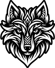 Tribal Wolf Head Icon.  Stylized Black and White Animal Mascot Design
Intricate black and white vector illustration of a stylized wolf head with tribal and ornamental elements. The symmetrical design