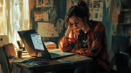 Fototapeta premium Sad and tired woman with PPD working beside table, looking on laptop, sitting in messy room illustration