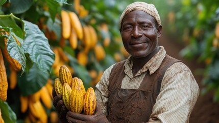 African farmer holding cacao pods in a plantation