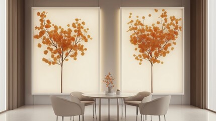 Minimalist dining room with autumnal art