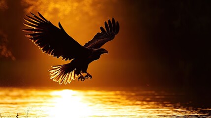 A silhouette of an eagle swooping down toward a riverbank