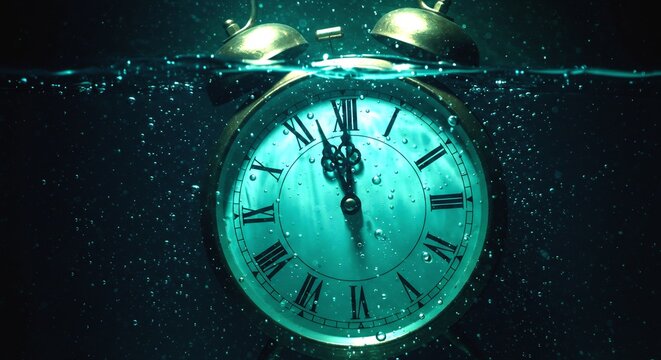 Vintage Alarm Clock Partially Submerged in Water with Bubbles - Powered by Adobe