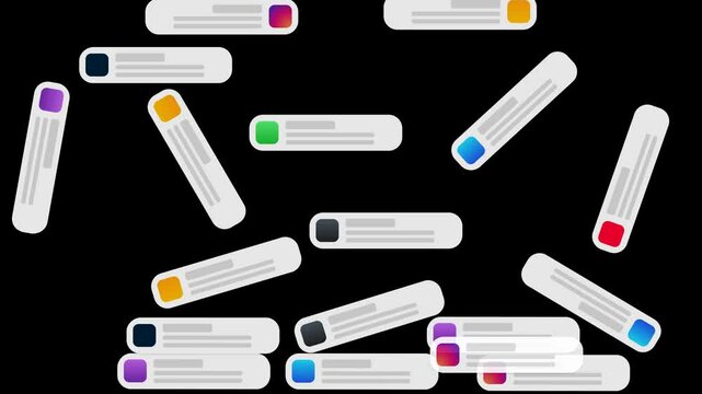 Social media messages fall and stack, covering entire screen. Alert drop from top to bottom. Messenger notifications chaos, social overload, or live chat spam animation. Transparent video overlay, 4K