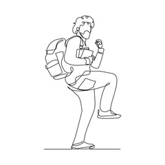 Continuous single line sketch drawing art of college campus student man with bag backpack and stack books. Editable stroke vector illustration
