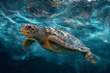 Obraz premium A sea turtle swims gracefully in transparent ocean water, illuminated by rays of sunlight filtering from above while exploring its habitat Generative AI