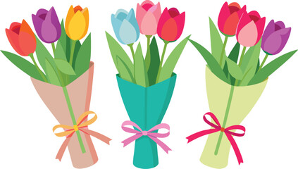 Bouquet of spring fresh flowers wrapped in gift paper, 3 Bouquets of tulips for mother