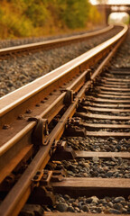 Fototapeta premium Close-up shot of a train track with a bridge in the background, great for city or transportation themed designs