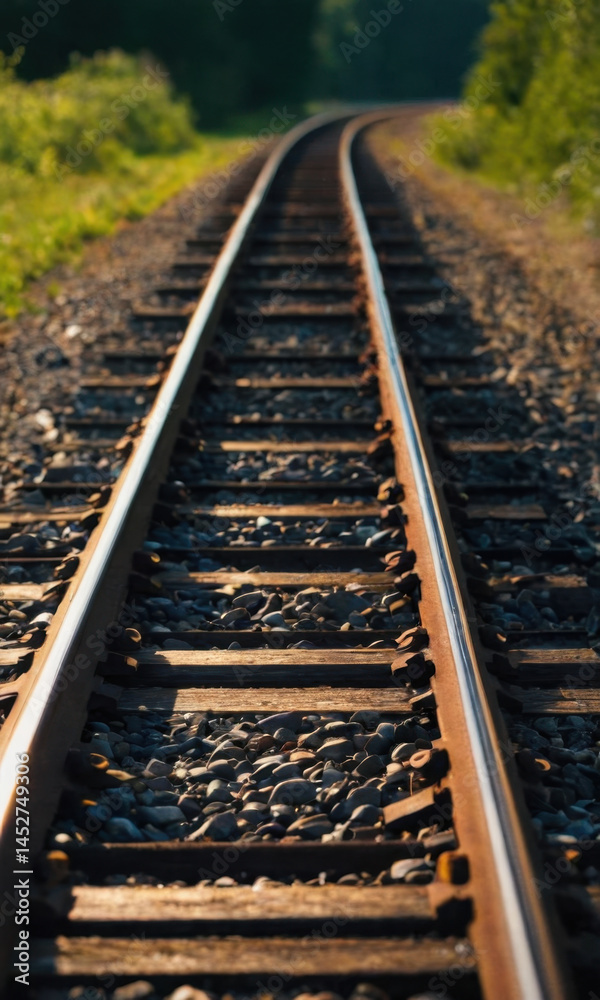 Poster Close-up shot of a train track surrounded by trees, suitable for use in various context such as travel or infrastructure projects