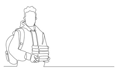 Continuous single line sketch drawing art of college campus student man with bag backpack and stack books. Editable stroke vector illustration