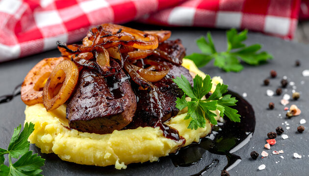 leber, berliner, art, gegrillte, gekochte, kartoffelbrei, zwiebeln, R&ouml;stzwiebeln, essen, fleisch, Rinderleber, Berlin, kartoffel, kartoffeln, apfel, apfelringe, rind, teller, gegrillt, cooked, zwiebel