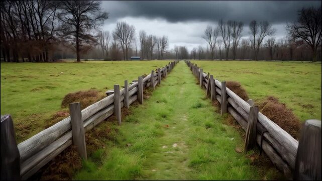 Rustic log fence lines a grassy path under a stormy sky, bordered by trees in a rural landscape on a clouded day