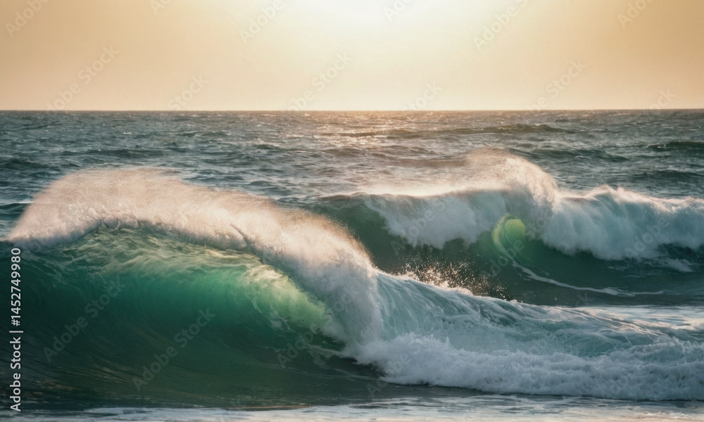 Poster a person rides a surfboard on a large wave in the open ocean