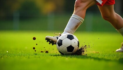 Soccer player kick the ball at the penalty, A soccer player's legs kicking a soccer ball on a grass field, with dirt and grass flying up around the ball, created with generative ai