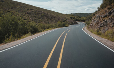Obraz premium A motorcycle drives along a curved road with lush green surroundings