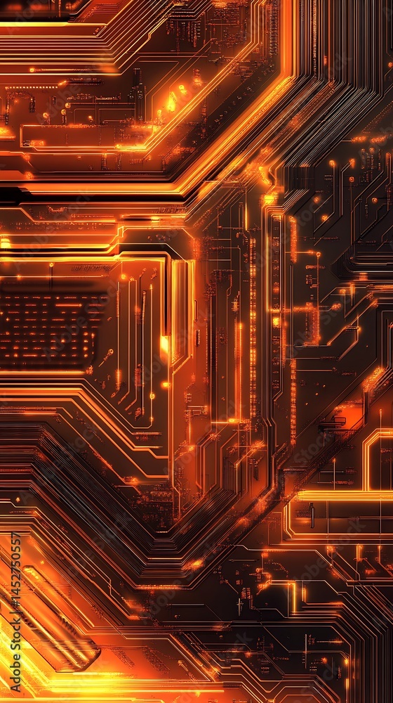 Aufkleber abstract circuit board design with orange glowing light trails and intricate details