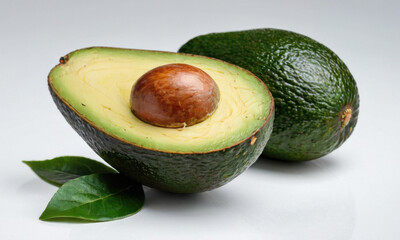 Freshly cut avocado with a green leaf, ideal for food and wellness photography